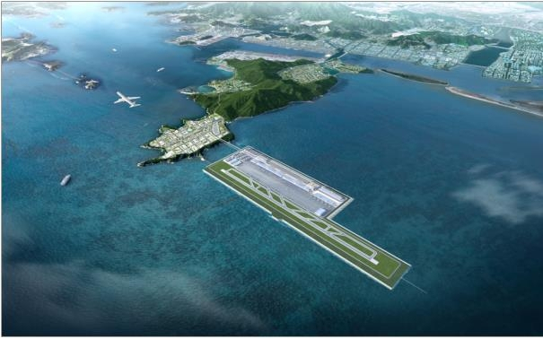 This image, provided by the Ministry of Land, Infrastructure and Transport on Tuesday, shows an aerial view of the planned floating airport in South Korea's southern city of Busan. (Ministry of Land, Infrastructure and Transport)