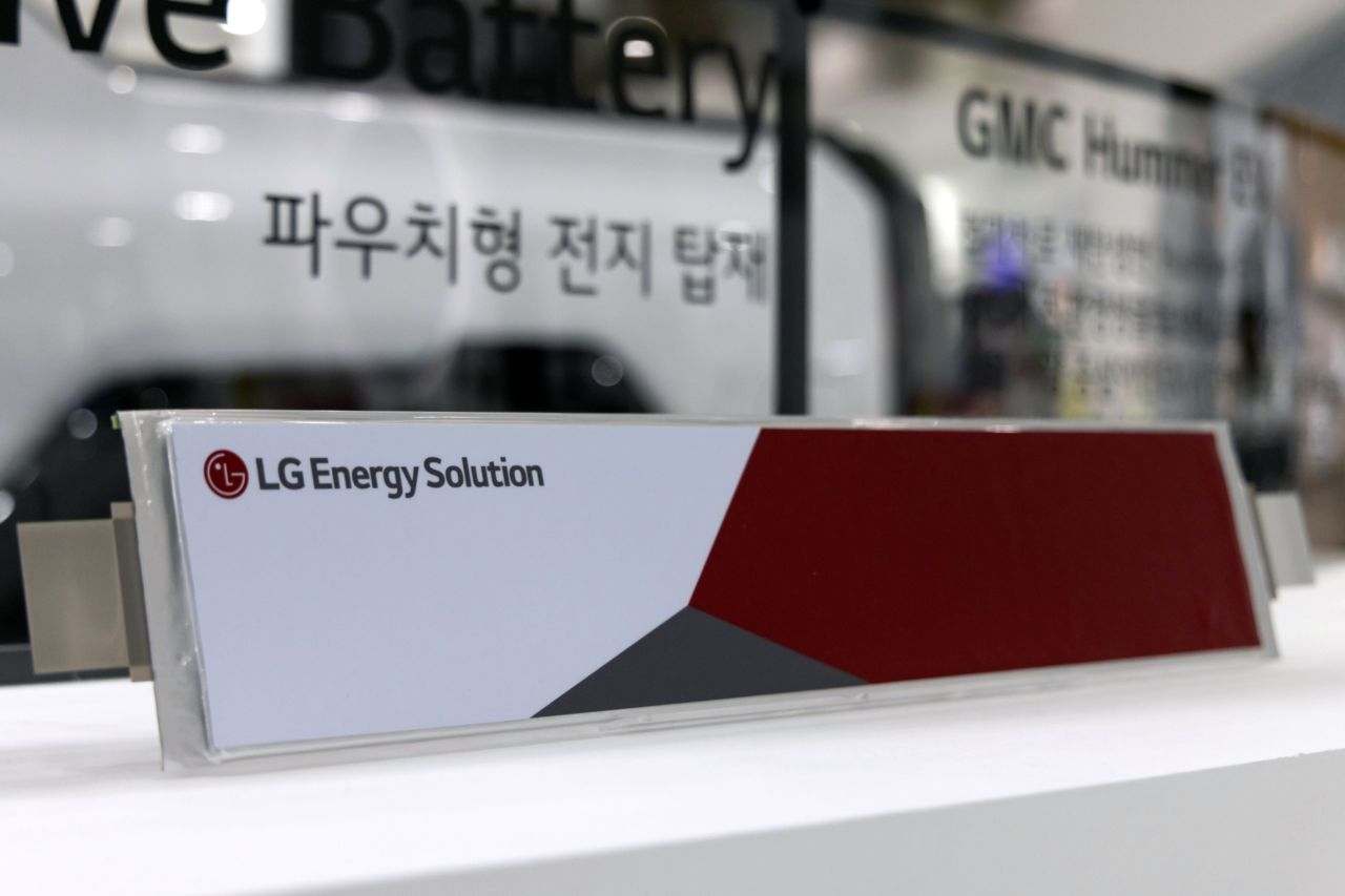 An LG Energy Solution battery cell for electric vehicle displayed at the InterBattery exhibition in Seoul on March 17. (Bloomberg)