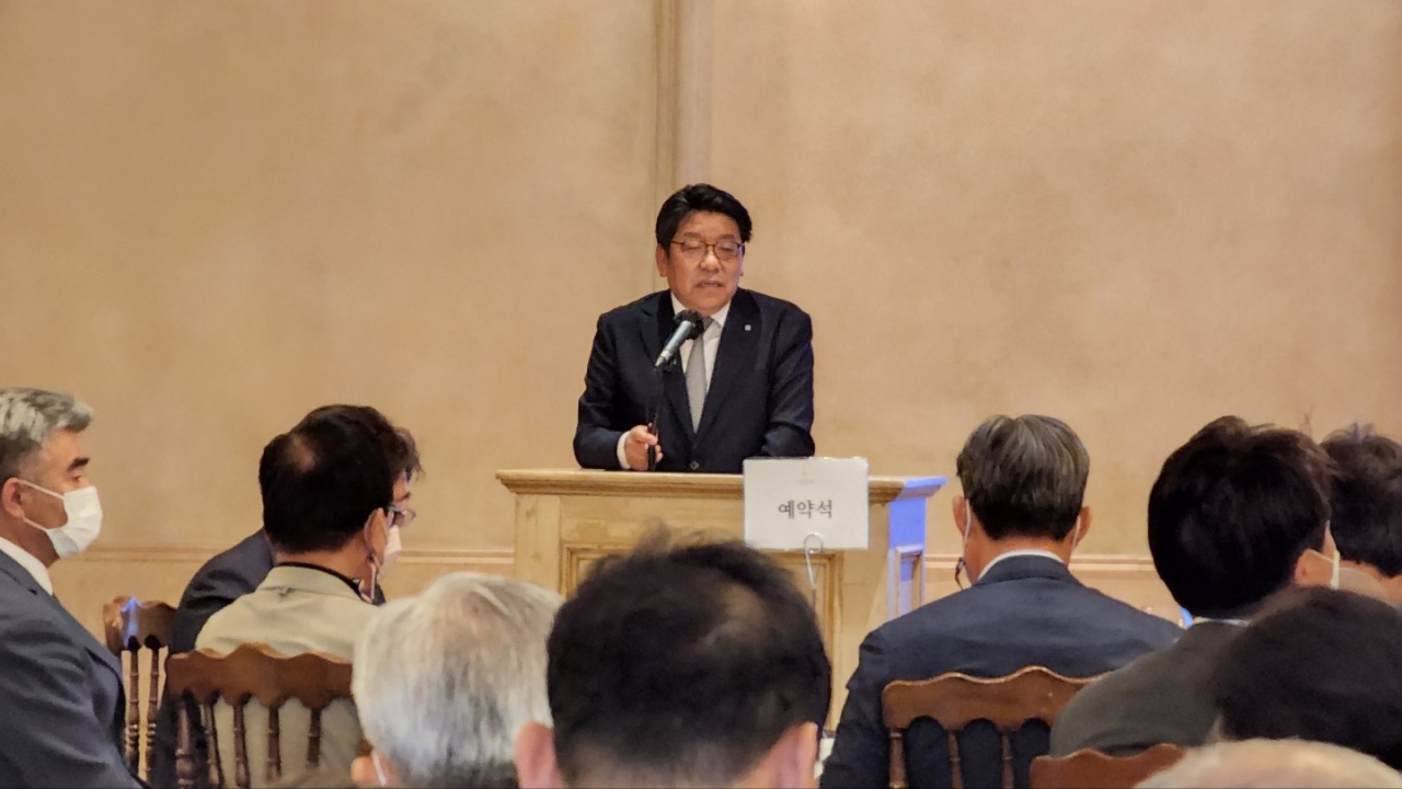 The Korea Herald CEO Choi Jin-young speaks at the opening ceremony for Global Biz Forum 2022, hosted by The Korea Herald in Gangnam on Wednesday. (Jenny Sung)