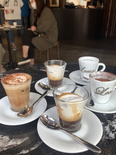 Espresso drinks served at Leesar Coffee Roasters in Cheongdam-dong, Seoul. Some are topped with whipped cream, cocoa powder and steamed milk. (Choi Jae-hee / The Korea Herald)