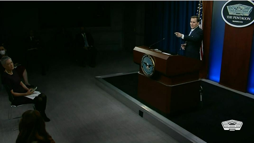 US Department of Defense Press Secretary John Kirby (R) is seen taking questions in a press briefing at the Pentagon in Washington on Monday in this image captured from the department's website. (US Department of Defense)