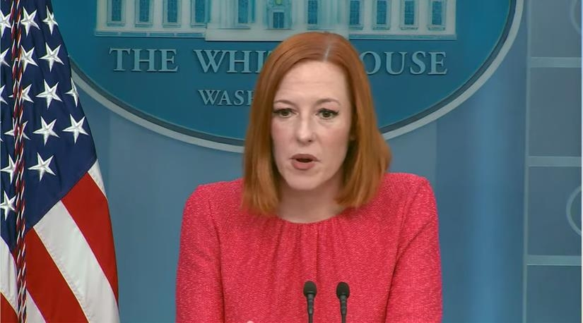 White House Press Secretary Jen Psaki is seen answering a question in a press briefing at the White House in Washington on Monday in this captured image. (White House Press)