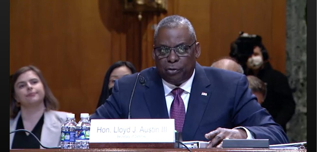 US Secretary of Defense Lloyd Austin is seen answering questions during a hearing before the Senate Appropriations Subcommittee on Defense in Washington on Tuesday in this image captured from the committee's website. (Yonhap)
