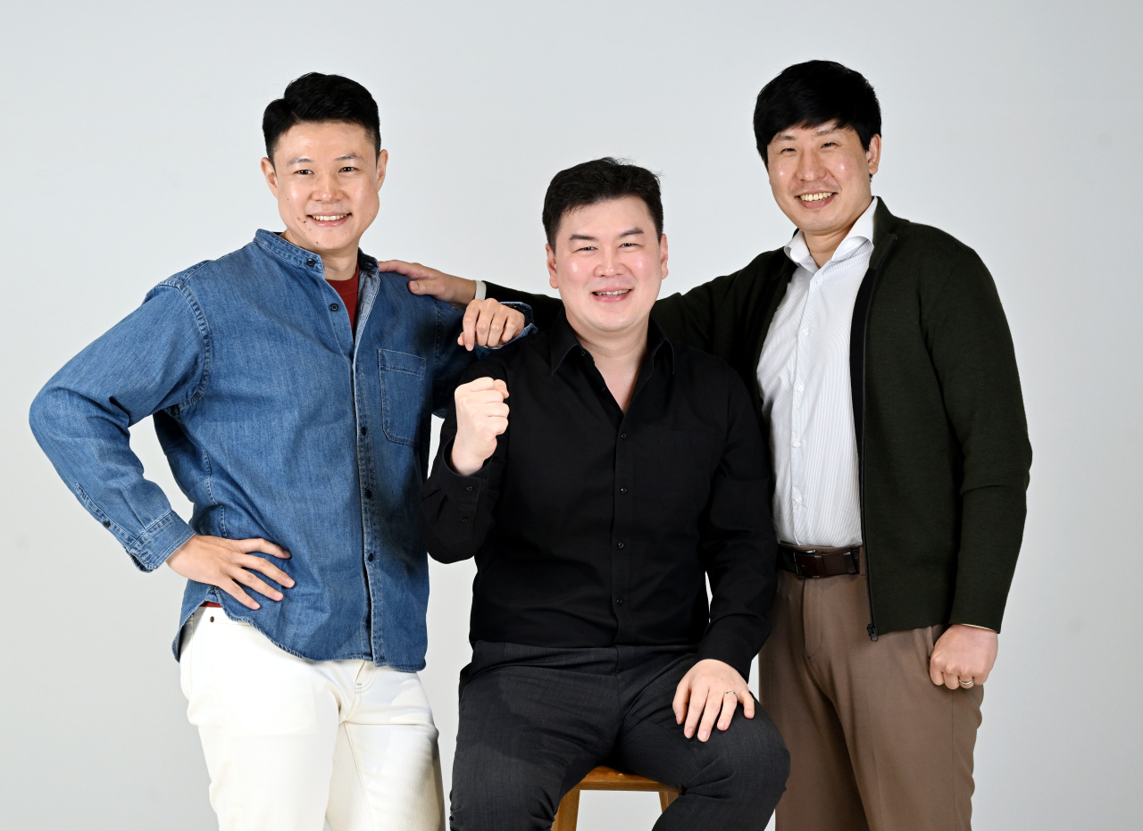 From left: Plana’s Chief Product Officer Lee Jin-mo, CEO Braden J. Kim and Chief Strategy Officer Ahn Min-young pose for a photo during an interview with The Korea Herald in Seoul on Monday. Park Hyun-koo/The Korea Herald
