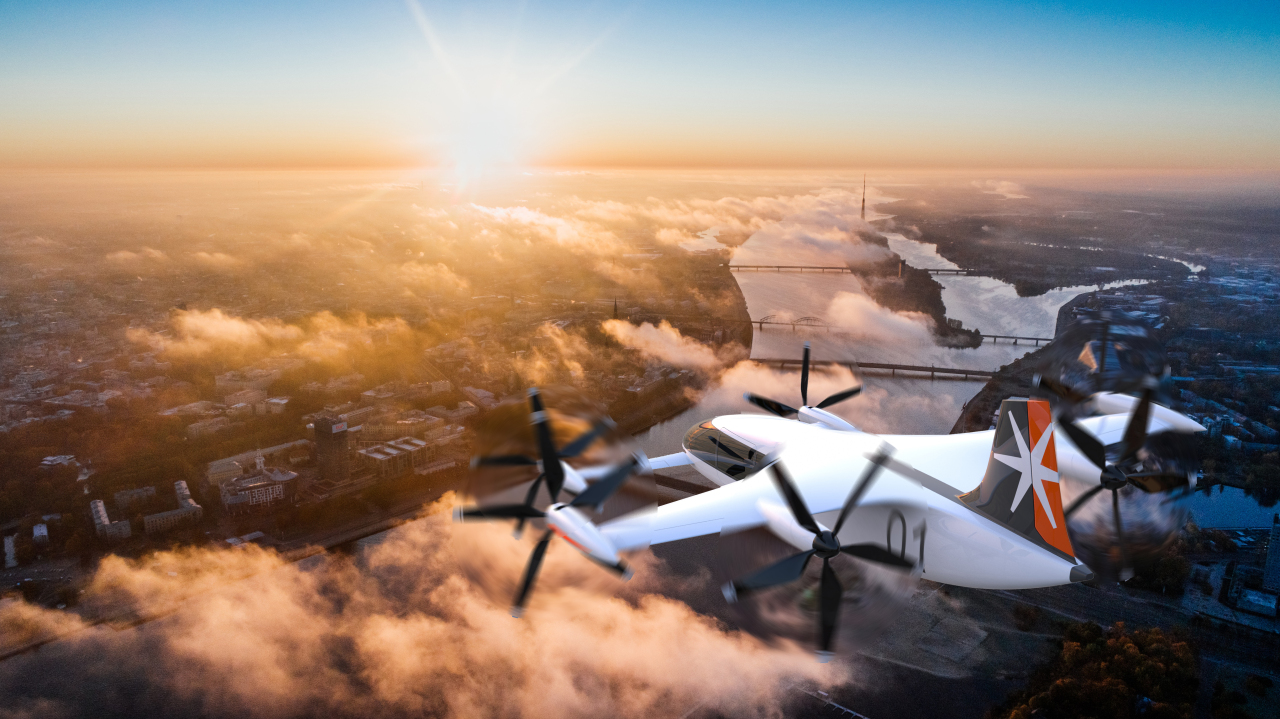 A rendered image of Plana’s advanced urban air mobility aircraft Plana