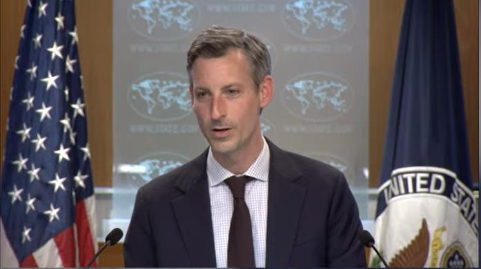 Ned Price, spokesperson for the US Department of State, is seen answering questions in a press briefing at the department in Washington on Wednesday in this image captured from the department's website. (US Department of State)