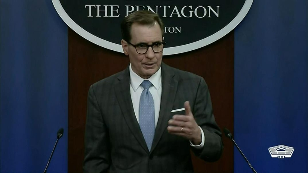 US Department of Defense Press Secretary John Kirby is seen answering questions in a daily press briefing at the Pentagon in Washington on Thursday in this image captured from the department's website. (US Department of Defense)
