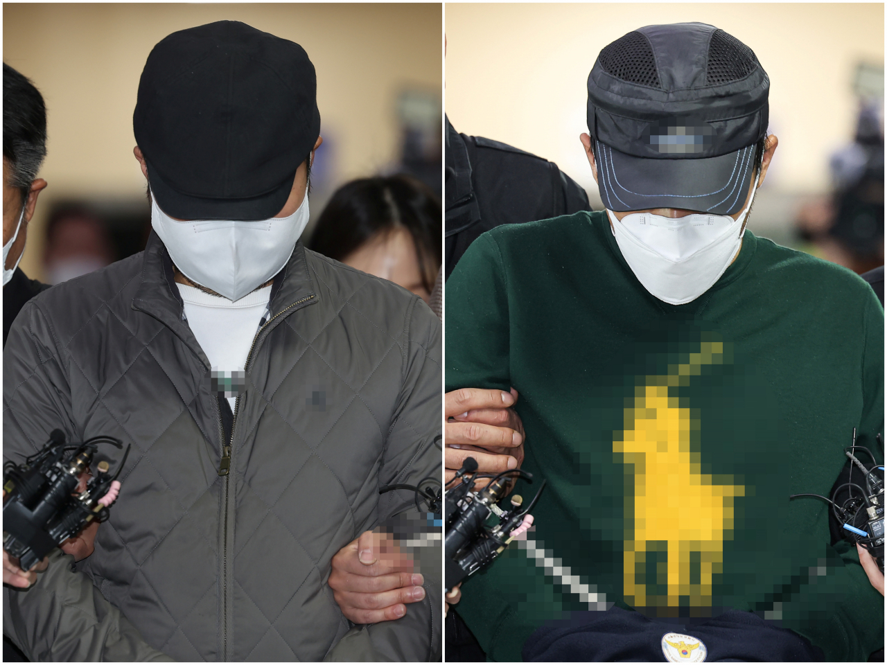 This composite photo shows a Woori Bank employee (L) and his brother, suspected of embezzling company funds, coming out of Namdaemun Police Station in central Seoul to be sent to the Seoul Central District Prosecutors Office on Friday. (Yonhap)