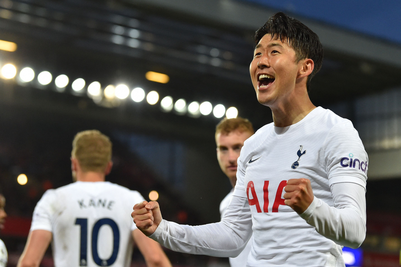 In this AFP photo, Son Heung-min of Tottenham Hotspur celebrates his goal against Liverpool during the clubs' Premier League match at Anfield in Liverpool, England, on Sunday. (AFP)
