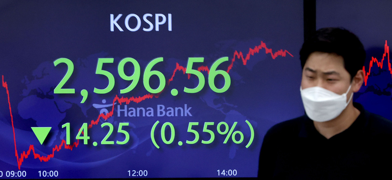 An electronic board showing the Korea Composite Stock Price Index (KOSPI) at a dealing room of the Hana Bank headquarters in Seoul on Tuesday. (Yonhap)