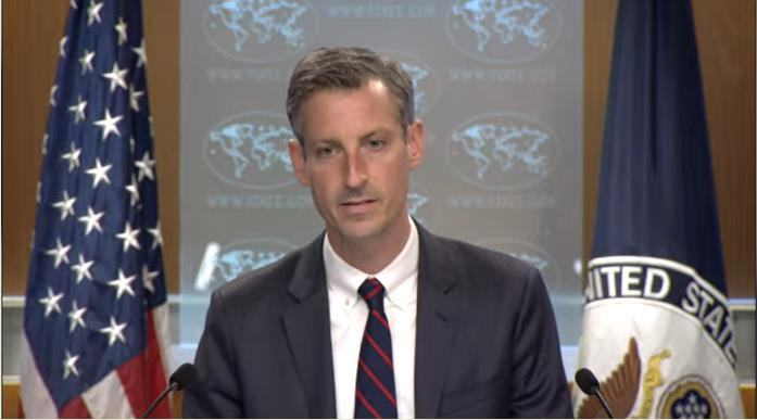 Department of State Press Secretary Ned Price is seen answering questions in a press briefing at the state department in Washington on Tuesday in this image captured from the department's website. (Yonhap)