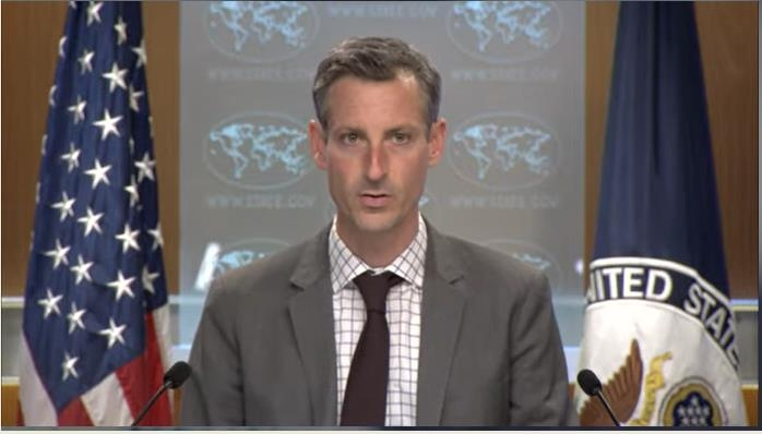 US Department of State spokesperson Ned Price is seen speaking in a daily press briefing at the department in Washington on Wednesday in this image captured from the department's website. (US Department of State)