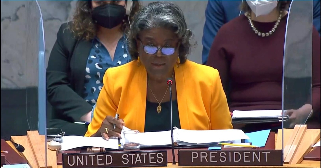 US Ambassador to the UN Linda Thomas-Greenfield is seen speaking in a special UN Security Council session held in New York on Wednesday to discuss North Korea's recent missile tests in this captured image. (UN Security Council)