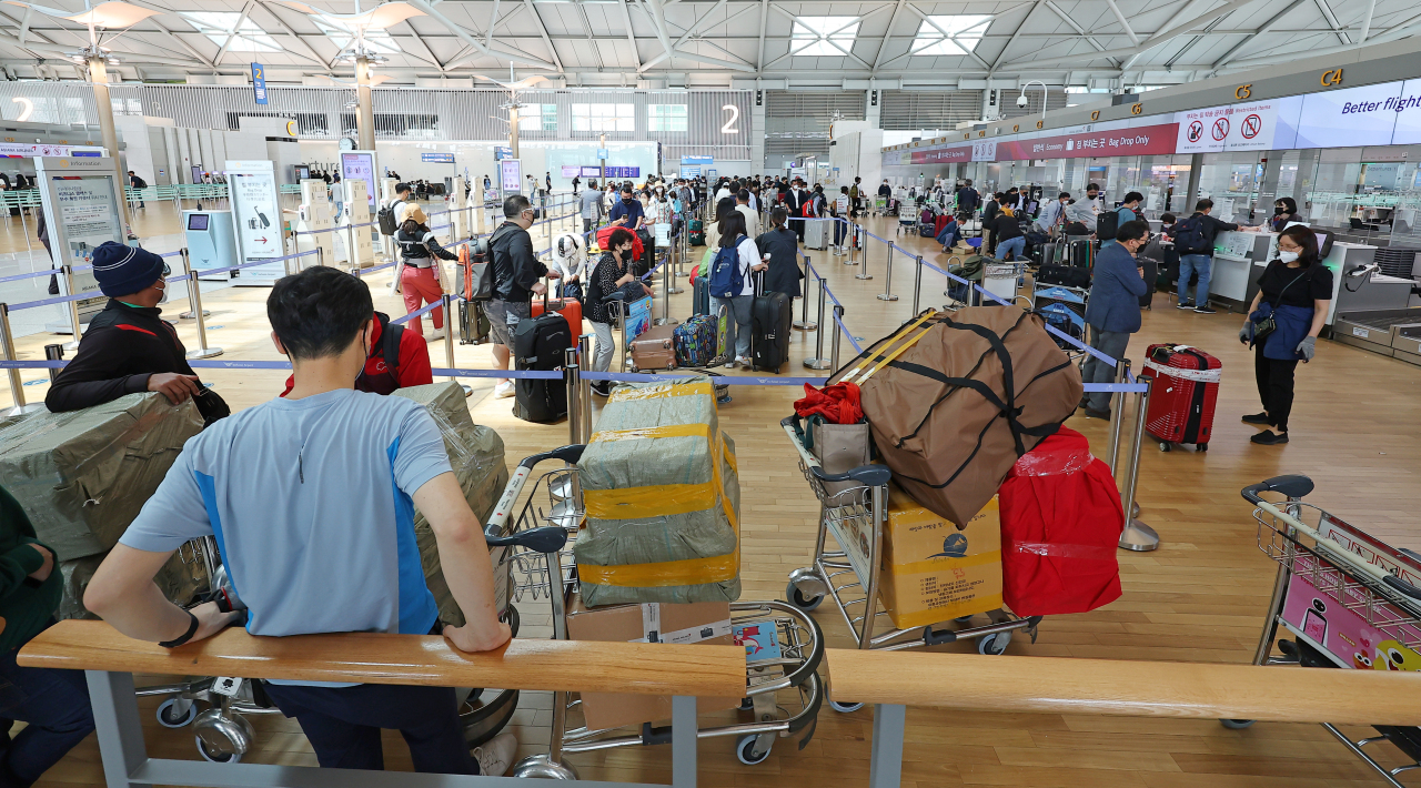 This photo taken on Friday, shows terminal one of Incheon International Airport in Incheon, just west of Seoul, amid eased virus curbs. (Yonhap)