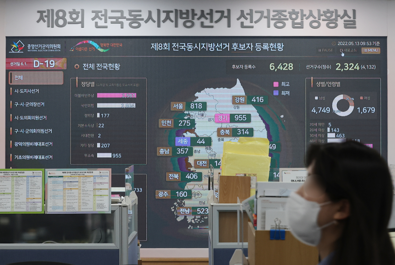 A monitoring screen inside the National Election Commission`s headquarters in Gwacheon, Gyeonggi Province, shows Friday that 19 days remain until the June 1 local elections. (Yonhap)