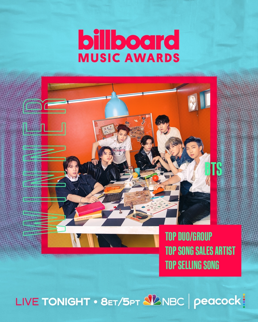 Poster image shows BTS’ three wins at the 2022 Billboard Music Awards. (2022 Billboard Music Awards)