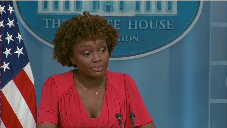 White House Press Secretary Karine Jean-Pierre is seen answering questions in a press briefing at the White House in Washington on Monday in this image captured from the White House's website. (The White House's website)