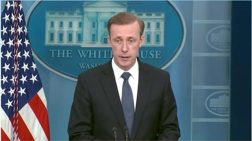 US National Security Advisor Jake Sullivan is seen answering questions in a press briefing at the White House on Wednesday in this image captured from the White House's website. (The White House's website)