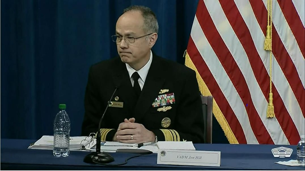 Vice Adm. Jon Hill, director of the Missile Defense Agency, takes a question in a press briefing at the US Department of Defense in Washington on Mar. 28, in this photo captured from the department's website. (US Department of Defense)