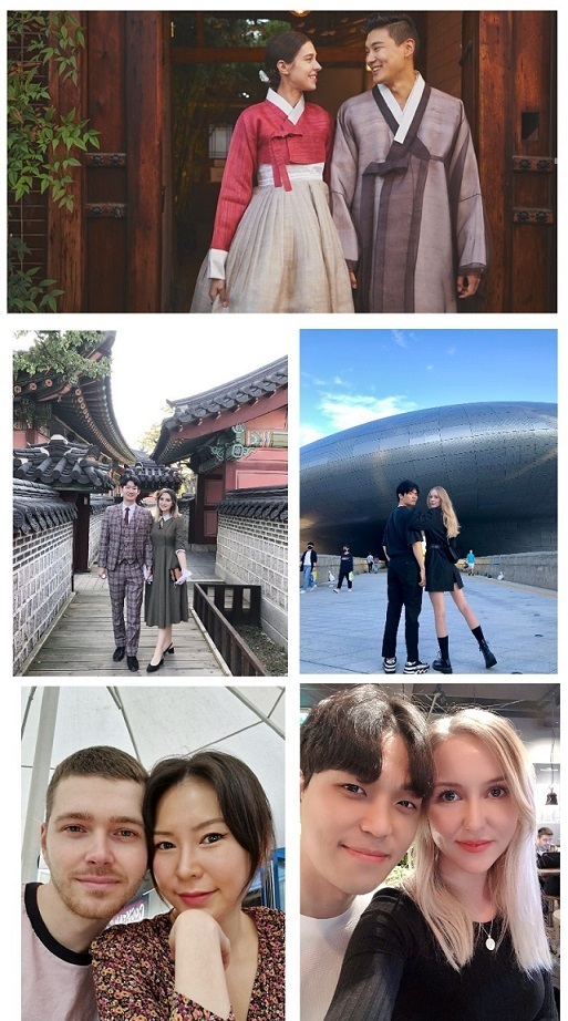 (Clockwise from top) Lee Kyu-ho and his Canadian wife Sarah (Courtesy of Lee) / Kim Hyun-kyu and his German girlfriend Lara (Courtesy of Kim)/ Lee Chang-wook and his Swedish girlfriend Linnea (Courtesy of Lee) / Lee Ru-bin and her Lithuanian boyfriend Paulius (Courtesy of Lee) / Aybuke and her Korean boyfriend Jeong-gyu (Courtesy of Aybuke)