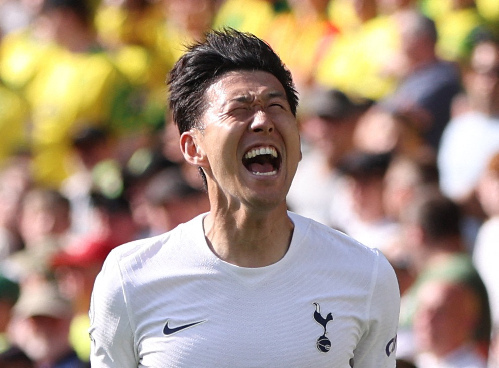 In this Action Images photo via Reuters, Son Heung-min of Tottenham Hotspur celebrates his goal against Norwich City during the clubs' Premier League match at Carrow Road in Norwich, England, on Sunday. (Reuters-Yonhap)