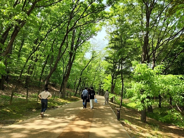 A group of office workers and residents takes a stroll around Seolleung Park. (Choi Jae-hee / The Korea Herald)