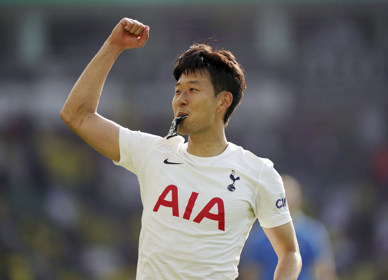 In this Press Association photo via Associated Press, Son Heung-min of Tottenham Hotspur celebrates his team's 5-0 victory over Norwich City at Carrow Road in Norwich, England, on Sunday. (Associated Press)