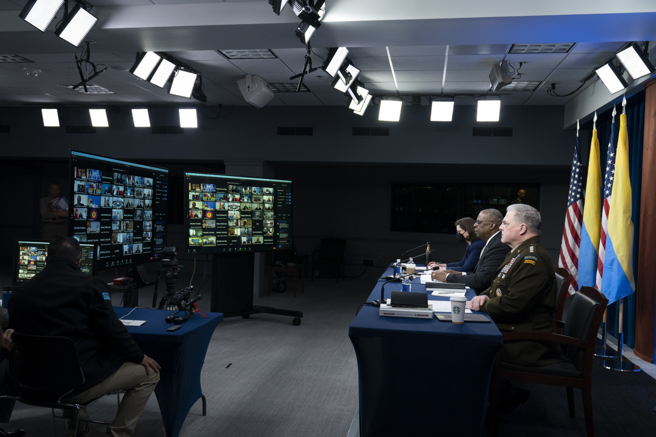 US Secretary of Defense Lloyd Austin (center), Chairman of the Joint Chiefs of Staff Gen. Mark Milley and Deputy Assistant Secretary of Defense for Russian, Ukrainian and Eurasian affairs Laura Cooper participates in the US-hosted virtual meeting of the Ukraine Defense Contact Group at the Pentagon in Washington DC on Monday. (AP)