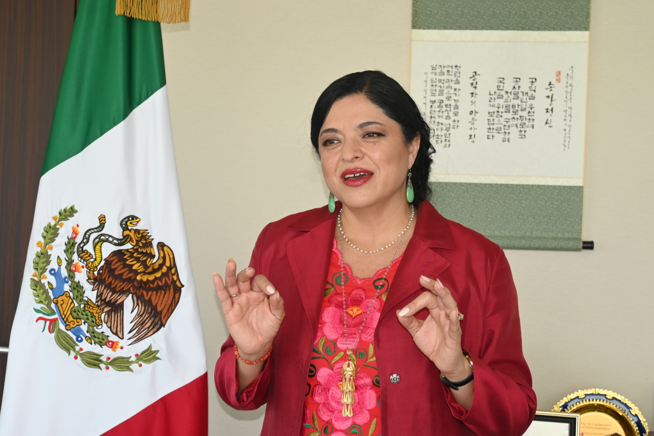 Mexican Culture Minister Alejandra Frausto Guerrero speaks on Mexico-Korea Cultural cooperation during an interview with The Korea Herald at the Embassy of Mexico in Seoul on Tuesday. (Sanjay Kumar/The Korea Herald)
