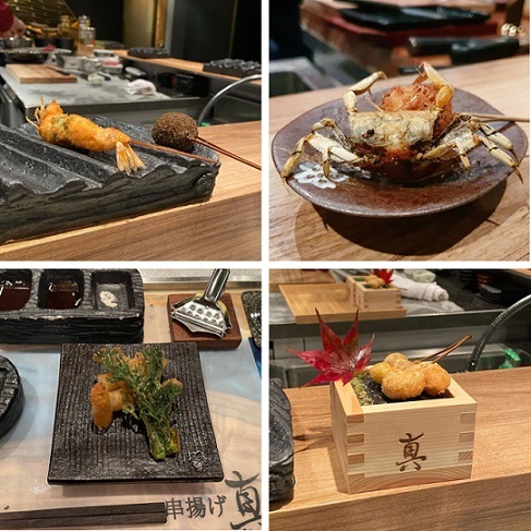 (Clockwise from top) Fried shrimp, a fried crab, fried vegetables and potato croquettes offered at Kushiage Jin (Kushiage Jin)