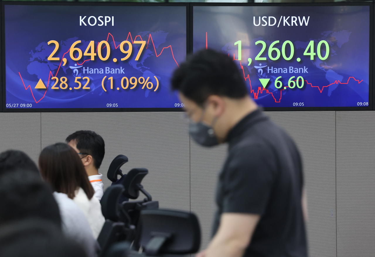An electronic board showing the Korea Composite Stock Price Index (Kospi) at a dealing room of the Hana Bank headquarters in Seoul on Friday. (Yonhap)