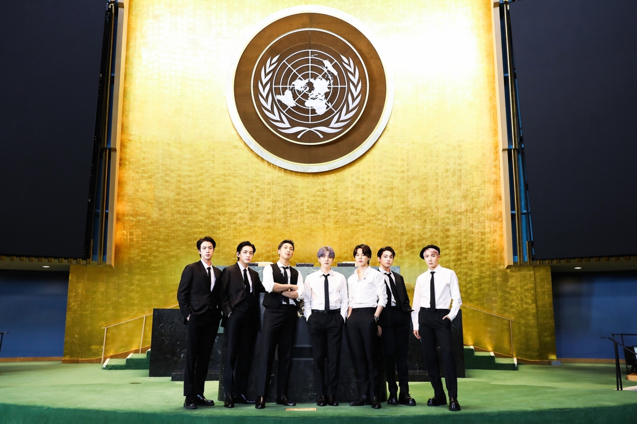 BTS poses at the United Nations headquarters in New York on Sept. 20, 2021. (BigHit Music)