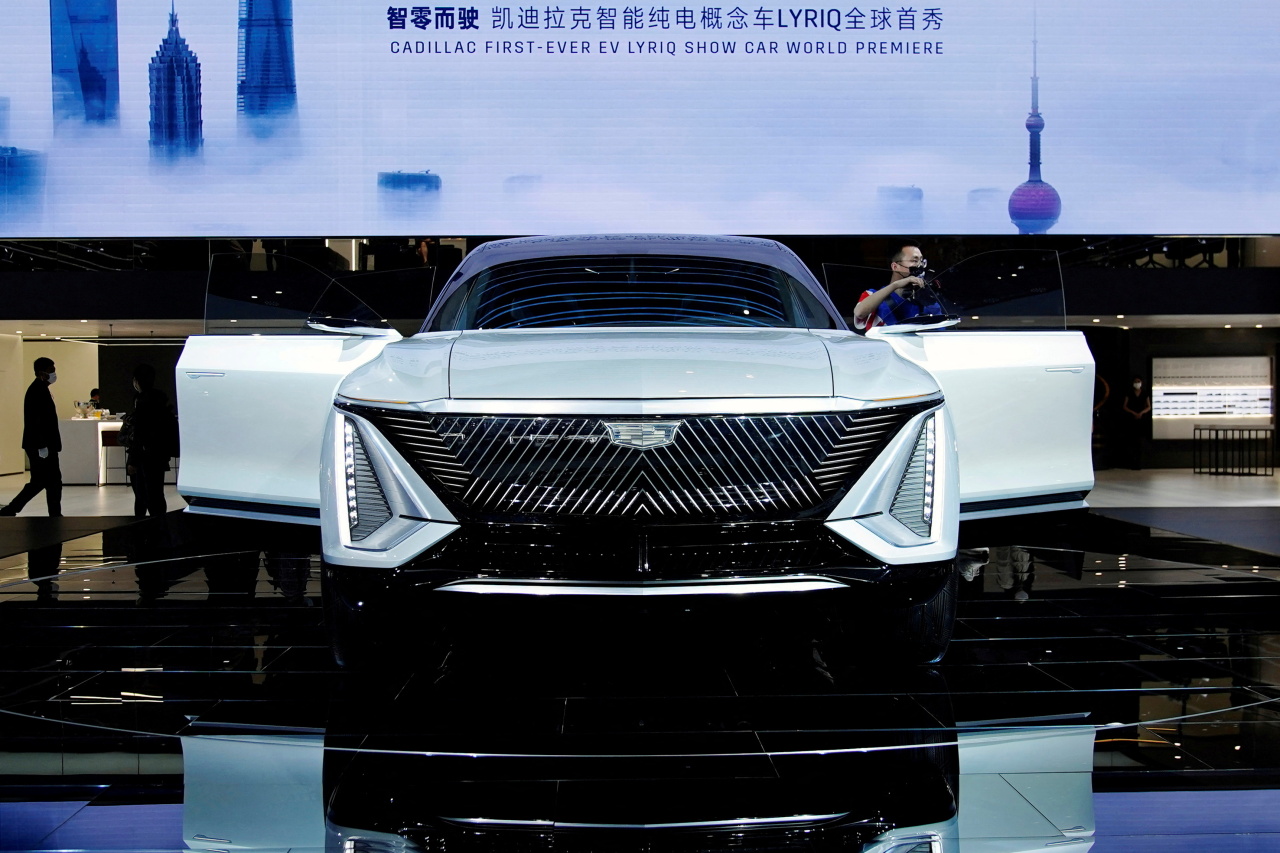 A Cadillac Lyriq electric vehicle under General Motors is seen during its world premiere on a media day for the Auto Shanghai show in Shanghai, China in April 2021. (Reuters-Yonhap)
