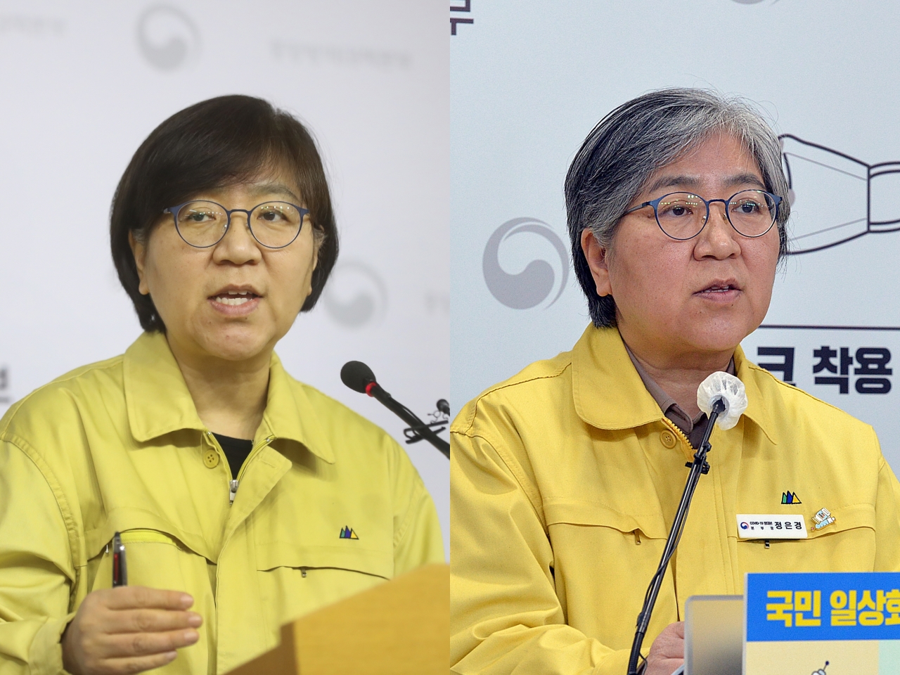 On the left: Jeong Eun-kyeong speaks at one of the early government COVID-19 briefings on Feb. 2, 2020. On the right: Jeong speaks during a briefing held Feb. 14. (KDCA)