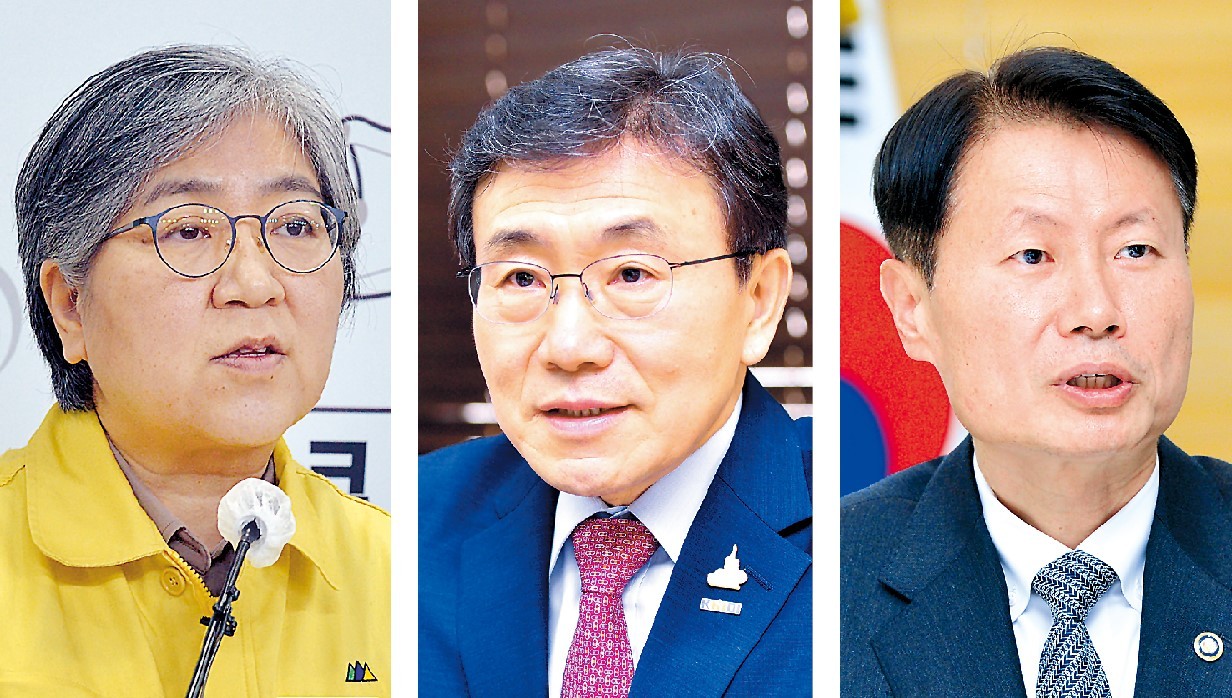 From left: Former KDCA Commissioner Jeong Eun-kyeong; former Health Minister Kwon Deok-cheol; and former Drug Safety Minister Kim Ganglip