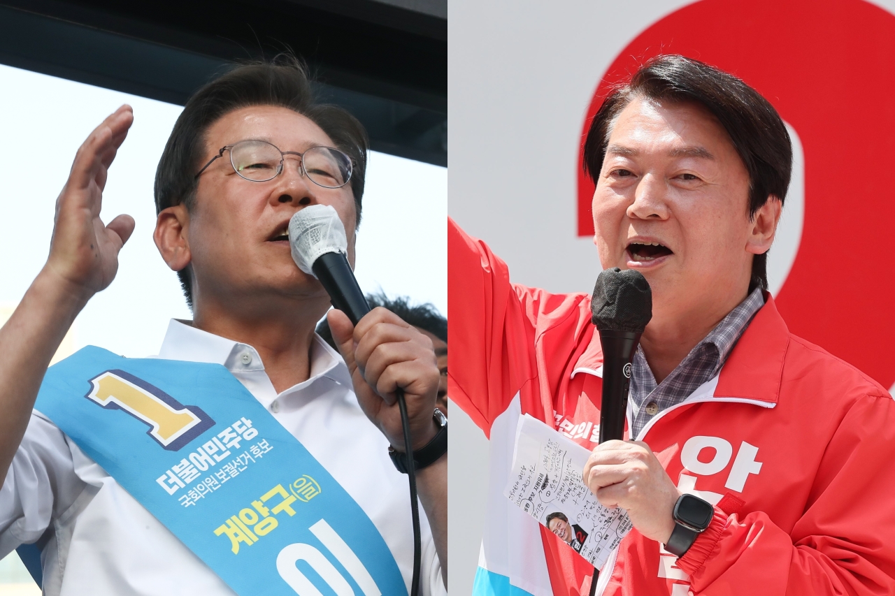 Lee Jae-myung, left, of the Democratic Party of Korea is running for a parliamentary seat in Incheon. Ahn Cheol-soo of People Power Party is in the race for a seat in Bundang. (Yonhap)
