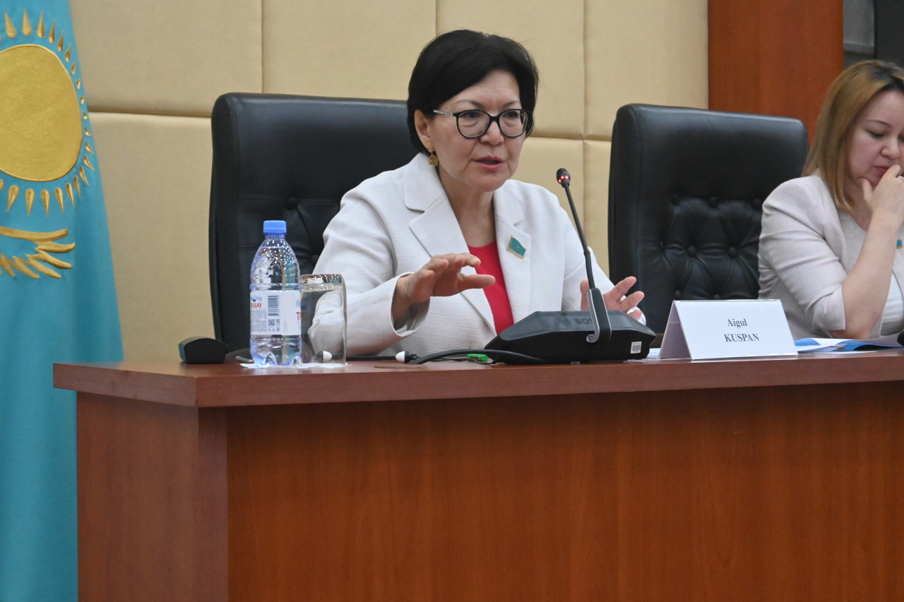 Kazakhstan Parliament Committee on Foreign Affairs Chairwoman Aigul Kuspan discusses amendments with a group of foreign journalists in Nur-Sultan on Friday. (Sanjay Kumar/The Korea Herald)