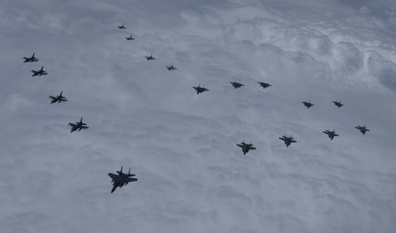 South Korea and the US conduct a combined airpower demonstration involving 20 warplanes, including F-35A stealth fighters, over the West Sea on Tuesday in response to North Korea’s continuing ballistic missile tests. (South Korea’s Joint Chiefs of Staff)