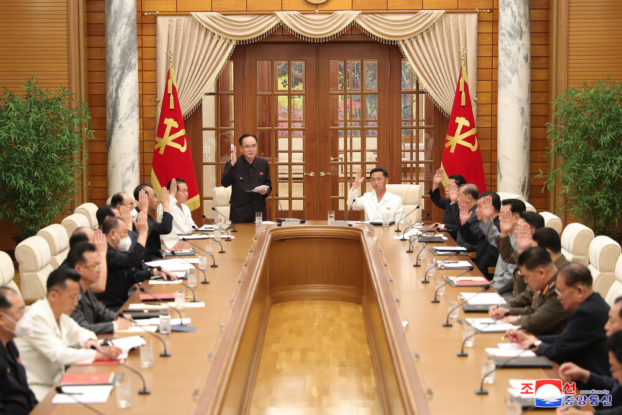 Jo Yong-won, secretary for organizational affairs of the central committee of the Workers' Party, speaks during a politburo meeting of the Workers' Party on Tuesday, to decide on the agenda for a plenary session of the party's Central Committee scheduled to be held early this month, in this photo released by the North's official Korean Central News Agency the next day. (KCNA)