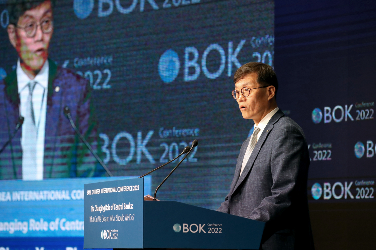 Bank of Korea (BOK) Gov. Rhee Chang-yong delivers an opening speech at the BOK International Conference 2022 titled 