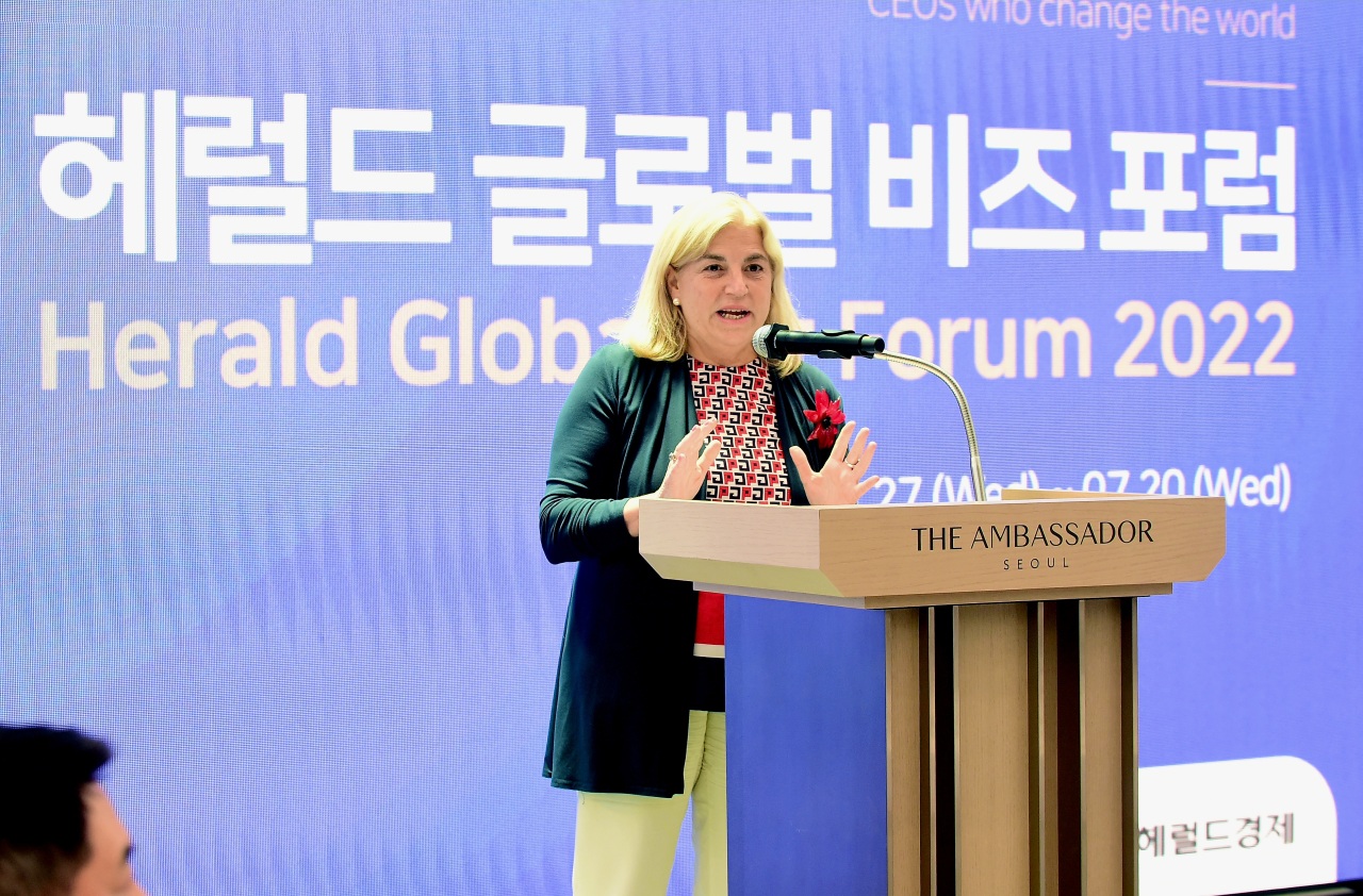 EU Ambassador to Korea Maria Castillo Fernandez delivers remarks at the second session of The Korea Herald’s Global Business Forum at the Ambassador Hotel, Seoul, on June 8. (Jenny Sung)