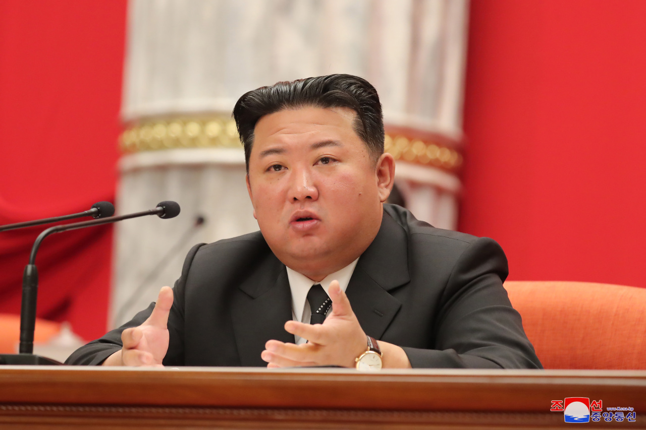 This photo, released by the North`s Korean Central News Agency on June 11, 2022, shows leader Kim Jong-un presiding over the fifth enlarged plenary meeting of the party`s eighth Central Committee in Pyongyang. The plenary meeting was held from June 8 to 10. (Yonhap)