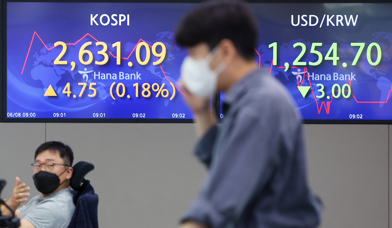 An electronic board showing the Korea Composite Stock Price Index (Kospi) at a dealing room of the Hana Bank headquarters in Seoul last Wednesday. (Yonhap)