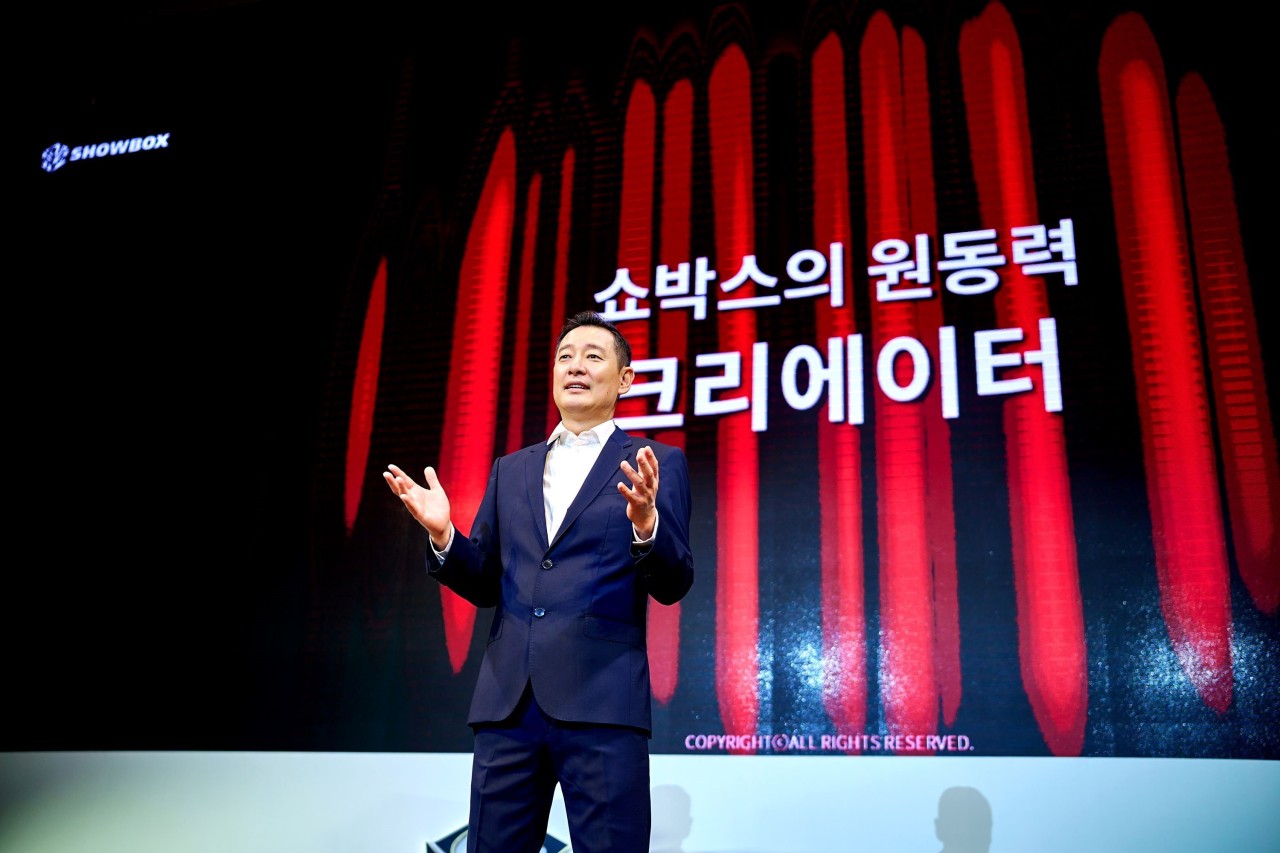 Showbox CEO Kim Do-soo speaks during a media day event held at Seoul Dragon City in Yongsan-gu, Seoul on Wednesday. (Showbox)