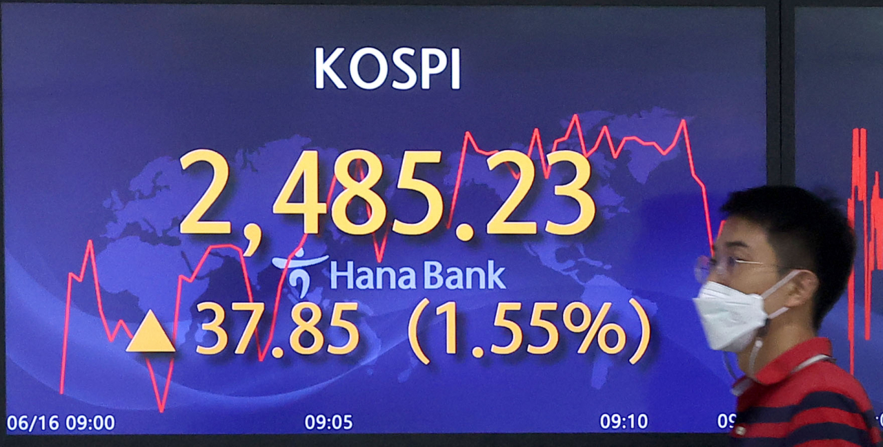An electronic board showing the Korea Composite Stock Price Index (Kospi) at a dealing room of the Hana Bank headquarters in Seoul Thursday. (Yonhap)