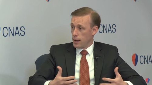 National Security Advisor Jake Sullivan is seen speaking in a fireside chat hosted by the Center for a New American Security in Washington on Thursday, in this image captured from the website of the Washington-based think tank. (Washington-based think tank)