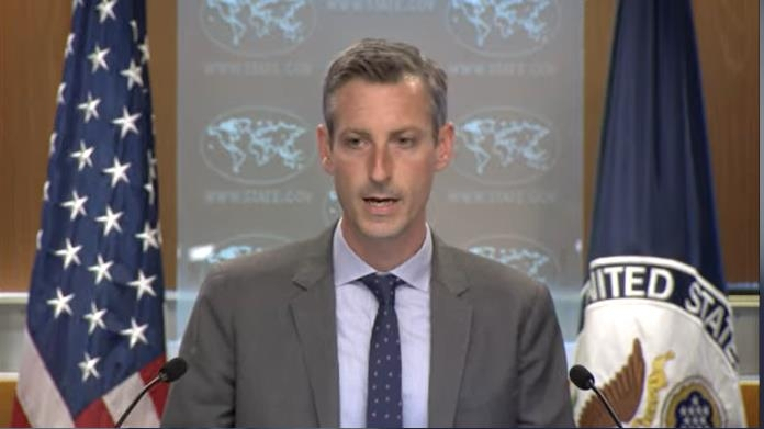State Department Press Secretary Ned Price is seen answering questions in a daily press briefing at the state department in Washington on Thursday, in this image captured from the department's website. (State Department Press Secretary)