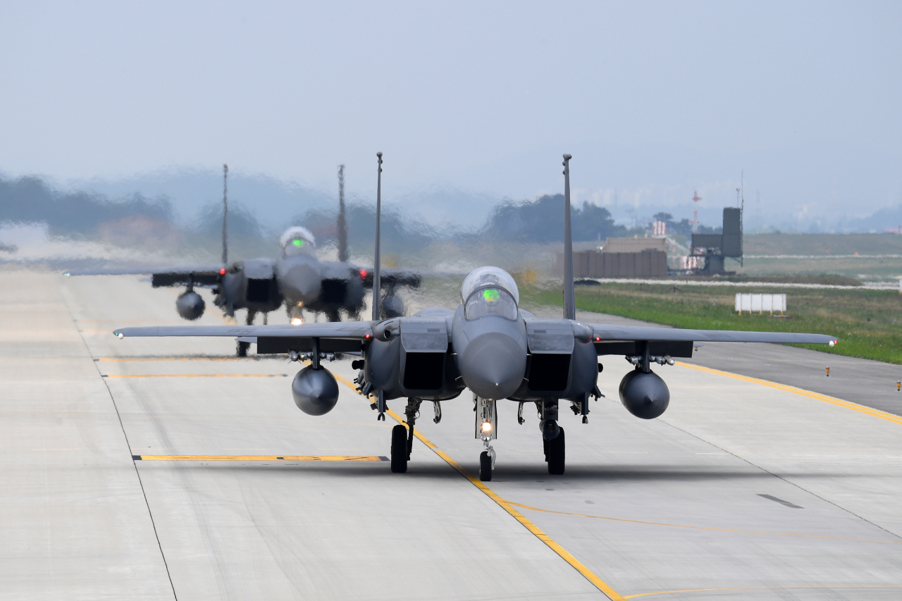 South Korea’s F-15K Slam Eagle fighter jets taxi at an air base in Cheongju, North Chungcheong Province, as the Air Force on Monday kicks off the five-day, independent air combat Soaring Eagle exercise. (Republic of Korea Air Force)