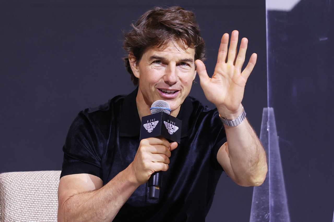 Tom Cruise talks during a press conference for “Top Gun: Maverick” at Lotte Hotel in Seoul on Monday. (Yonhap)