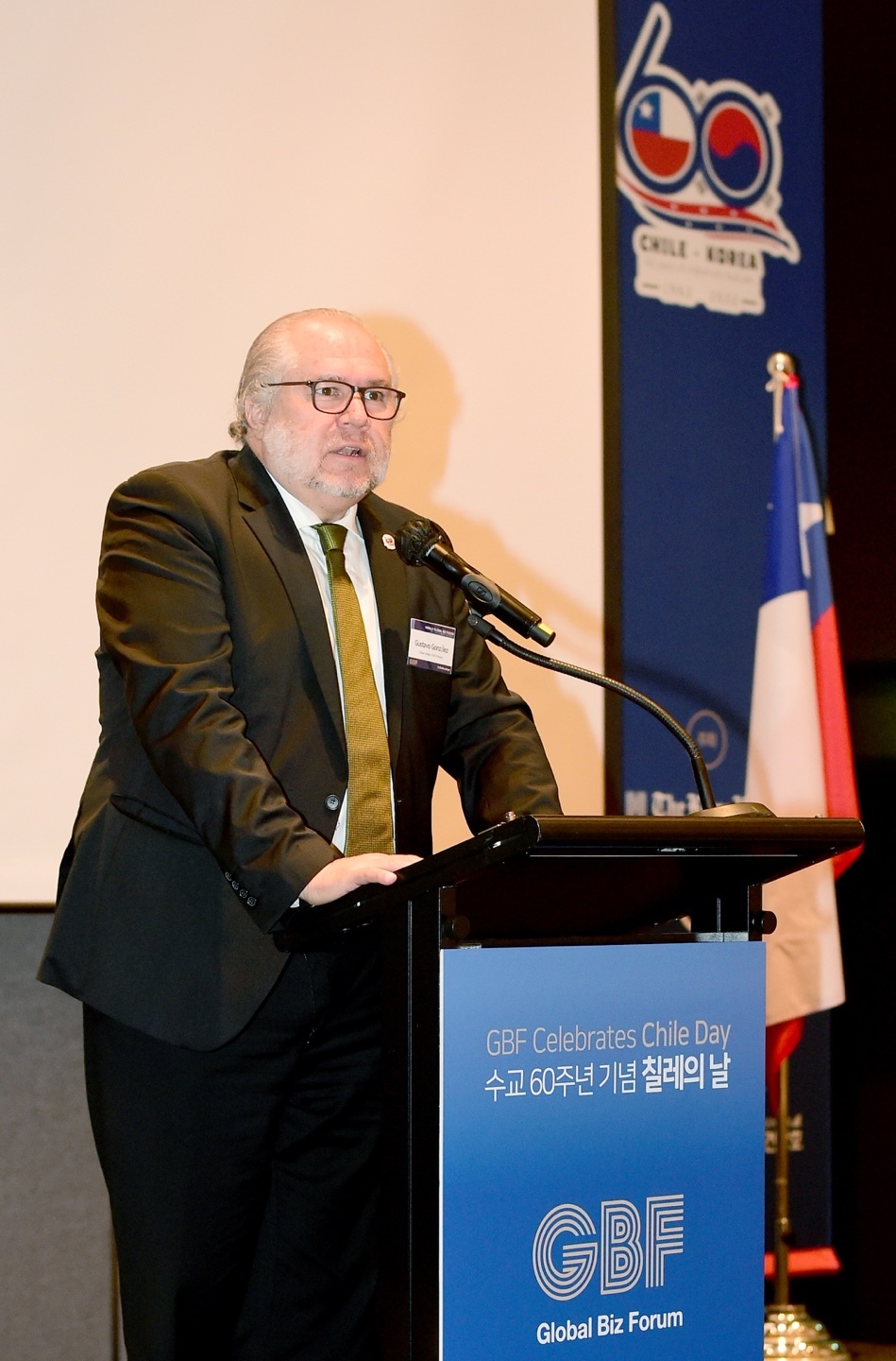 Chile charges d'affaires ad interim in Korea, Gustavo Gonzalez, addresses CEOs and guests at Chile Day celebrated on the sides of the second edition of the Global Biz Forum at the Grand Hyatt Hotel in Yongsan-gu, Seoul, June 15. (Jenny Song)